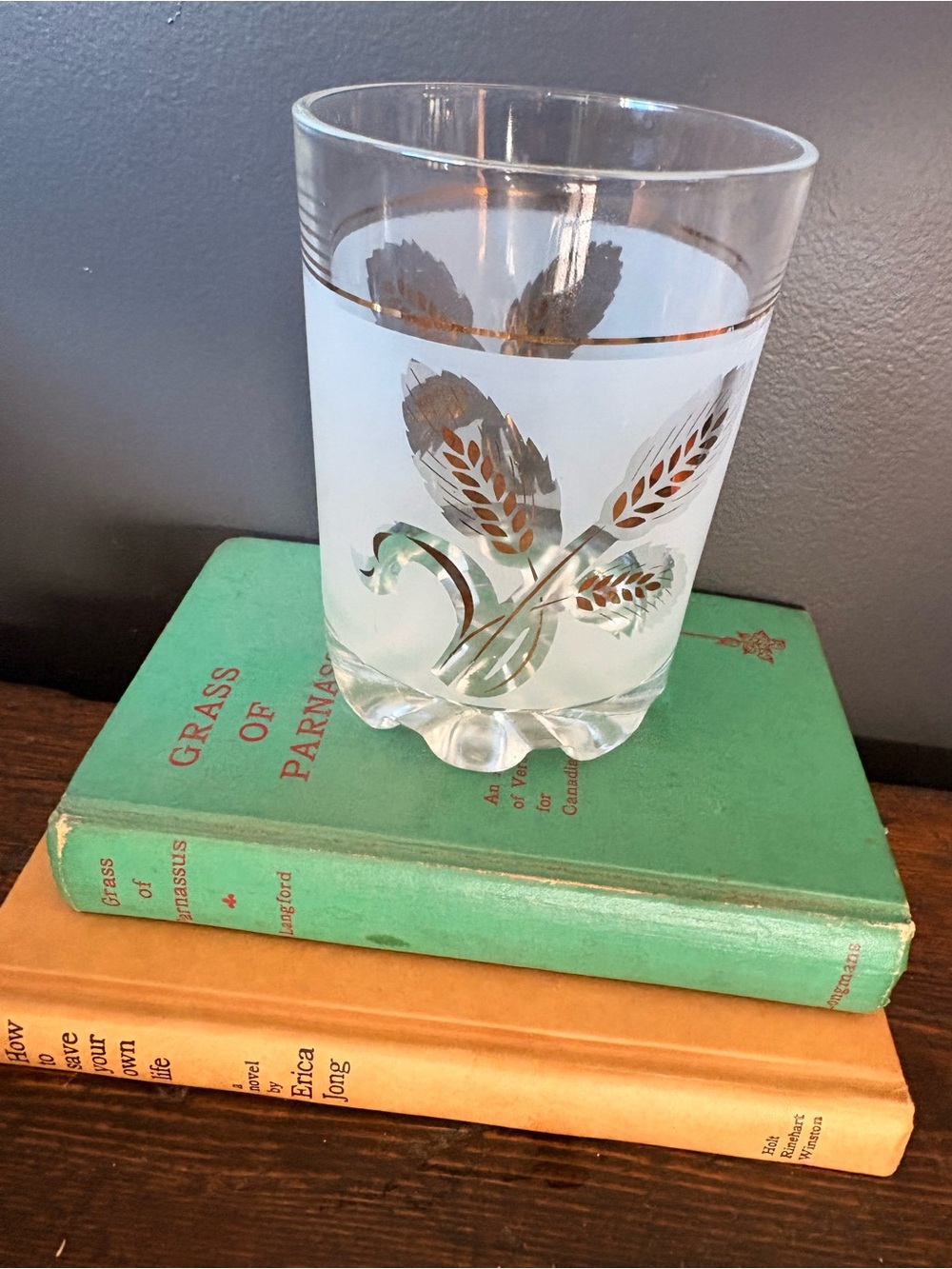 Vintage Gold-Trimmed Frosted Glass Ice Bucket with Wheat Motif